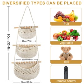 Dulynva Hanging Fruit Basket, 3-Tier Hanging Basket, Kitchen, Hand-Woven Hanging Basket Fruit, Hanging Wall Bag Organiser for Fruit, Snack and Vegetable Storage