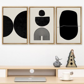 SIGNLEADER Framed Canvas Print Wall Art Set Array of Circles and Semi-Circles Abstract Shapes Illustrations Modern Art Minimalist Black and White for Living Room, Bedroom, Office - 24"x36"x3 NATURAL