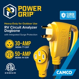Camco Power Grip RV 18" 30-Amp Circuit Analyzer Dogbone - Features Integrated Surge Protection & Fault Indication, 18", 30-Amp Male to 50-Amp Female, 125V / 3750W (55460)