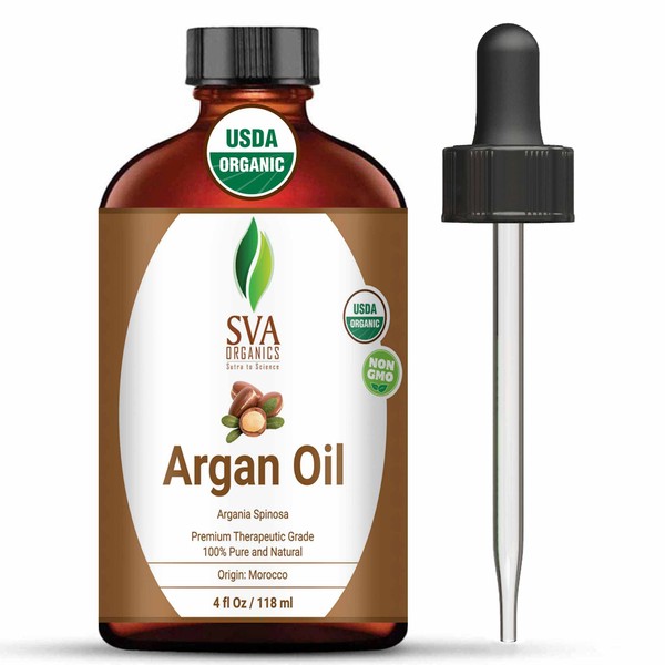 SVA ORGANICS Argan Oil Organic Cold Pressed 4 Oz USDA 100% Pure & Natural Authentic Premium Therapeutic Grade Carrier Oil for Shiny Hair, Beard, Face, Dry Skin Care, Body Moisturizer
