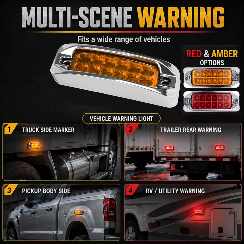 3.5 Inch 2 Red 2 Amber 12 LED Chrome Rectangular