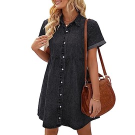 Utyful Short Babydoll Dress Black Denim Dress Jean Shirt Dress Semi Formal Dresses for Women Black Size Large Fits Size 12 / Size 14
