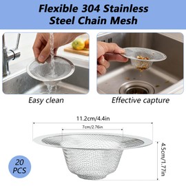 20 PCS Mesh Sink Strainer, 4.5" Diameter Stainless Steel Slop Basket Filter Trap, Metal Kitchen Drain Strainer, Hair Basket Drain - Fits Most Kitchen Sinks, Bathroom Sinks,Shower Drains,Floor Drain