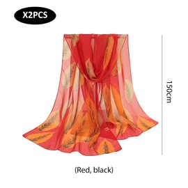 DHSBGWSX 2 Pieces Chiffon Scarf Leaf Print Fashion Chiffon Scarf for Women Soft Silk Scarf Elegant Retro Silk Scarf Clothes Matching Scarf, red, black