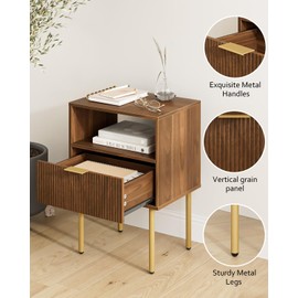 Masupu Night Stand,Mid-Century Modern Bedside Table with Storage Drawer and Open Wood Shelf,Small Gold Frame Side Table for Bedroom,Living Room, Walnut
