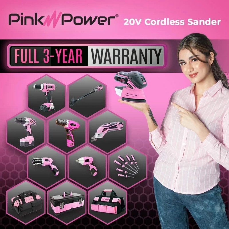 Pink Power 20V Cordless Handheld Wood Detail Sander w/ Battery
