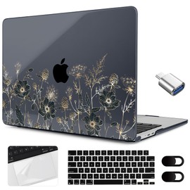 MEEgoodo for M3 MacBook Air 15 inch Case 2024 2023,Clear Case Fit Model A3114 A2941 with M3/M2, Laptop Hard Shell with Keyboard Cover & Camera Cover & OTG Adapter for 15.3-inch, Golden Flowers & Herbs