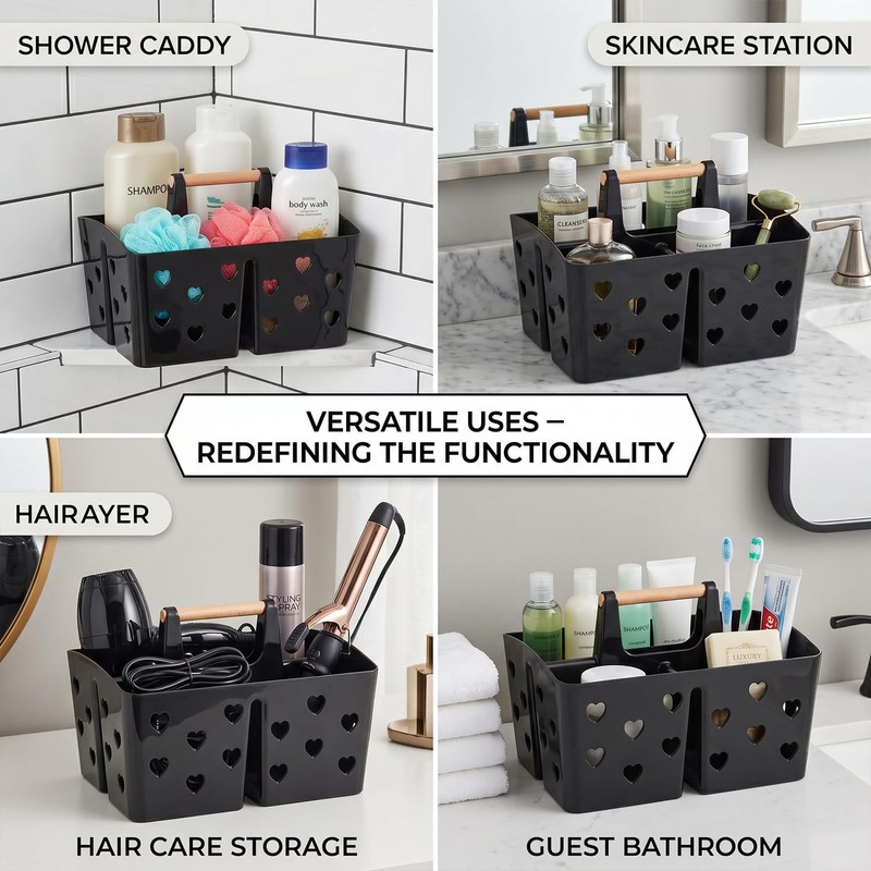 Black Portable Shower Caddy, Plastic Basket Organizer with Wooden Handle