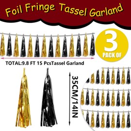 3P Metallic Fringe Tassel Banner Garland Foil Tinsel Streamer Wall Hanging Curtain Backdrop Banner for Parade Floats,Graduation Decorations, Father's Day,New Years Party Decoration(Black Gold)