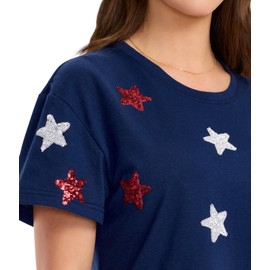 Tipsy Elves 4th of July Shirts for Women Funny American Flag - Novelty Memorial Day Outfit - Navy Blue Stars of Summer Sequin Cropped Tee Size X-Small