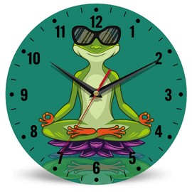 SPUNKER Wall Clock,Funny Frog Wall Clocks for Living Room Decor,Yoga Lotus Flower Kitchen Clocks Wall Battery Operated - 10 Inch Round Bathroom Wall Clock Silent Non-Ticking