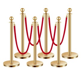 Gold Stanchions 6-Piece Stainless Steel Stanchions 4 Red Velvet Ropes Hollow Base No Electricity Required for Party SuppliesNumber of Set: 6-Piece Set with 4 Straps, Color: Golden Color