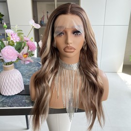 Carkira Honey Blonde Wigs Highlight Platinum 13x4 Lace Front Wig Ombre Dark Root Long Loose Wavy Synthetic Fiber Wigs 20Inch for Women