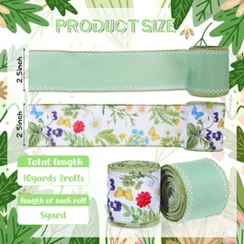 Spring Wired Edge Ribbon Retro Wild Floral Craft Ribbon Spring Fabric Ribbon for Wreath Bow Making DIY Wrapping Party Decor Supplies, 2 Rolls, 10 Yard (Green Wildflowers)