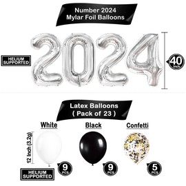 KatchOn, Silver 2024 Balloons Graduation - Pack of 35 | 40 Inch 2024 Balloons, Gold Confetti Balloons | Graduation Balloons for Silver Graduation Decorations | Graduation Decorations Class of 2024