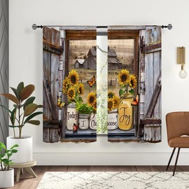 Famiffty Sunflower Country Vintage Window Curtains 42W X 63L Inch 2 Panels Rod Pocket Brown Old Barn Door Bedroom Curtains Retro Wood Floral Window Drapes Treatment Living Dining Room Home Decoration