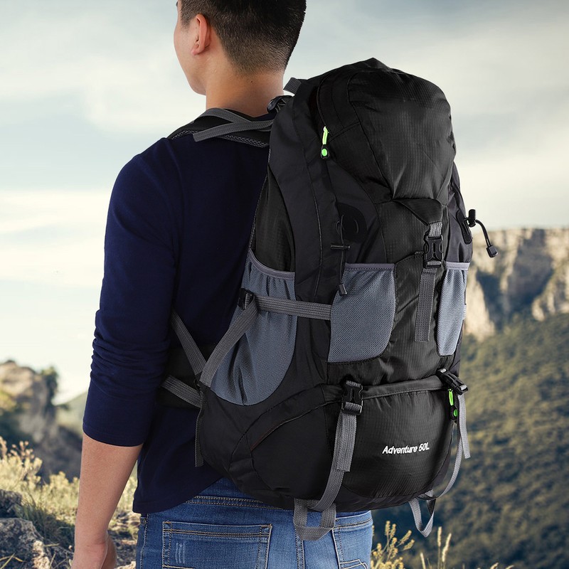 50L Waterproof Bag Camping Climbing Outdoor Travel Hiking Backpack Black