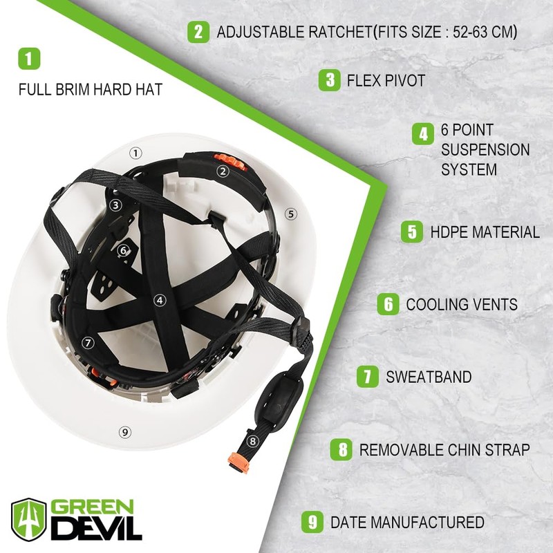GREEN DEVIL Full Brim Hard Hat with Built-in Visor Vented