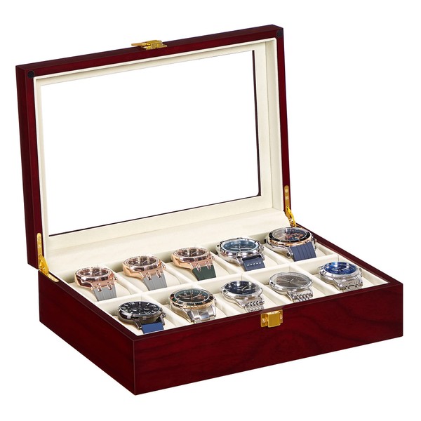 SONGMICS Watch Box, Christmas Gifts, 10-Slot Watch Case with Large Glass Lid, Removable Watch Pillows, Velvet Lining, Watch Box Organizer, Gift for Loved Ones, Cherry Color UJOW10C