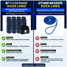Five Oceans 8-Pack 3/8" x 15' Boat Dock Lines, Navy Blue Double Braided Nylon, Marine-Grade, 12" Eyelet, 1-Year Warranty - FO4695-M2