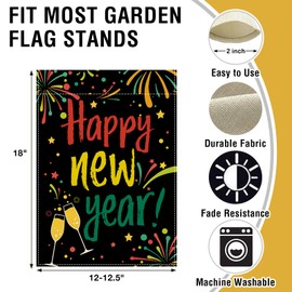 Artofy Happy New Year 2026 Small Decorative Garden Flag, Colorful Fireworks Champagne Celebration Yard Lawn Outside Decor, Christmas Winter Burlap Outdoor Home Decoration Double Sided 12 x 18