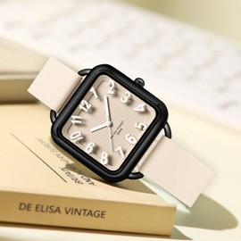 findtime Women Watch 3D Designer Big Arabic Numbers Square Dial Easy to Read Watches Colorful Apricot Silicone Strap Reloj para Mujer