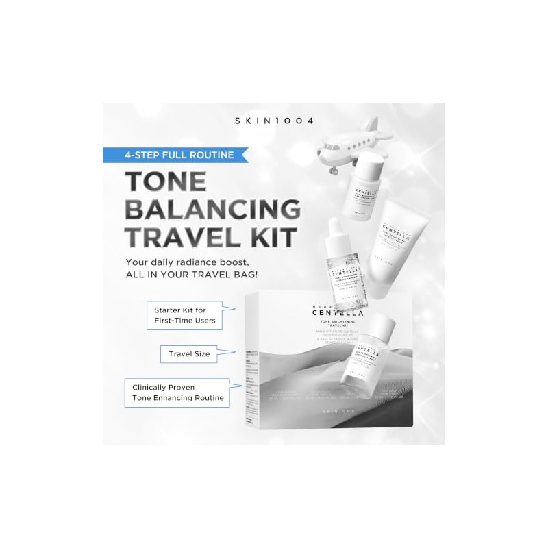 SKIN1004 Madagascar Centella Tone Brightening Travel Kit, con Tónico, Ampolla,