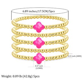 Joya Love Pink Clover Gold Beaded Bracelets For Women Gold plated Ball Lucky Four Leaf Clover Stretch Bracelet For Women Trendy Jewelry Gifts 5set
