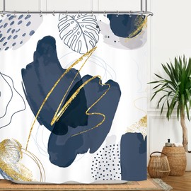 Riyidecor Boho Abstract Mid Century Shower Curtain 72Wx72H Inch Modern Minimalist Navy Blue Bohemian Watercolor Geometric Chic Leaf Simple Bathroom Decor Fabric Polyester Waterproof 12 Pack Hooks