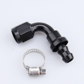 AC PERFORMANCE 90 Degree Female -10 AN to 5/8" Push Lock Hose End Barb Fitting Aluminum Black with Clamp