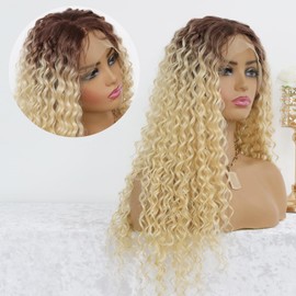 MACA BAKA Ombre 613 Bleach Blonde Deep Curly Lace Front Wig Synthetic Hair Glueless Long Curly Blonde 13x4 Lace Front Wigs Pre Plucked With Baby Hair For Women 150 Density 24 Inches