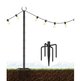 Tigerden 10Ft String Light Poles for Grass & Soil, Outdoor Light Stand with 5-Prong Fork Base, Heavy-Duty Metal Poles for Backyard, Garden & Patio Party Lighting, Rustproof & Adjustable