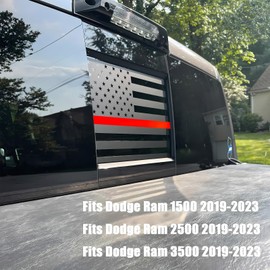 Rear Back Middle Window American USA Flag Vinyl Decals Fits 2019 2020 2021 2022 2023 2024 Dodge Ram 1500 2500 3500 Back Center Sliding Window Glass Decal Accessories Matte Black Red Thin Line
