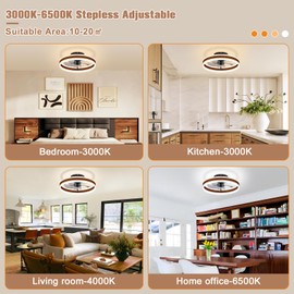 VOLISUN Fandelier Ceiling Fans with Lights and Remote, 15.7in Farmhouse Ceiling Fan Flush Mount, 3000K-6500K Dimmable Bladeless Ceiling Fan with Light, Modern Ceiling Fans with Lights for Bedroom