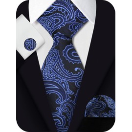 Mantieqingway Men's Tie Set and Pocket Square Cufflinks Ties Woven Plaid, Striped Necktie for Formal Business Prom Wedding (Navy Floral)