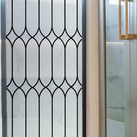 Flortlias Window Privacy Film Stained Glass Frosted Glass, Static Cling Window Clings Retro Decorative for Bathroom, Home, Front Door Coverings UV Protection Heat Blocking, Minimalism Line, 16.93''