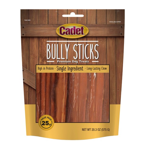Cadet Bully Sticks for Dogs - All-Natural, Long-Lasting Grain-Free Dog Chews - Bully Sticks for Small, Medium, and Large Dogs - Dog Treats for Aggressive Chewers, Value Pack (25 Count)