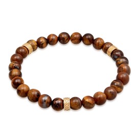 Kuzzoi Buddha Men's Gemstone Bracelet Elastic Tiger's Eye Beads (8 mm) Natural Stone with Beads Made of 925 Sterling Silver Oxidised Length 19-21 cm, Sterling Silver Stone Nylon, Tiger's Eye