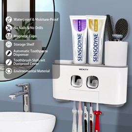 Toothbrush Holder Wall Mounted, WEKITY Multi-Functional Toothbrush and Toothpaste Dispenser for Bathroom, with 5 Toothbrush Slots, 2 Toothpaste Squeezers and 4 Cups(Grey)