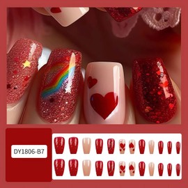 Red Valentines Press on Nails Short Square Fake Nails Rainbow Red Heart Glue on Nails Glossy Red Glitter Valentine Acrylic False Nails Full Cover Stick on Nails for Women Finger Manicure