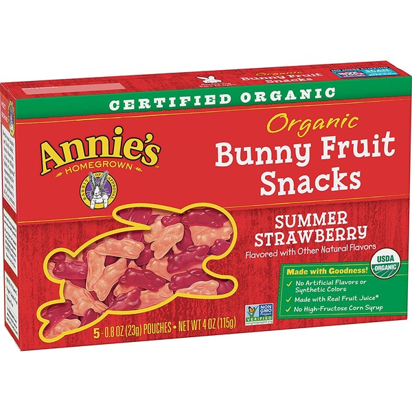 Annie's Organic Bunny Fruit Snacks, Summer Strawberry, 5 Pouches, 0.8 oz Each