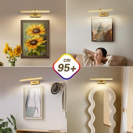 JOOSENLUX Battery Operated Picture Light Dimmable Wireless Art Light for Paintings Single-Rod Swing Arm LED Display Light Fixtures Adjustable 15.55" Long Gold Wall Light