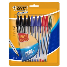 BIC, Bolígrafo de Punto Mediano, Pluma Clásica, Cristal Dura +, Surtido de 4 Colores, 10 piezas