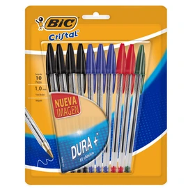 BIC, Bolígrafo de Punto Mediano, Pluma Clásica, Cristal Dura +, Surtido de 4 Colores, 10 piezas