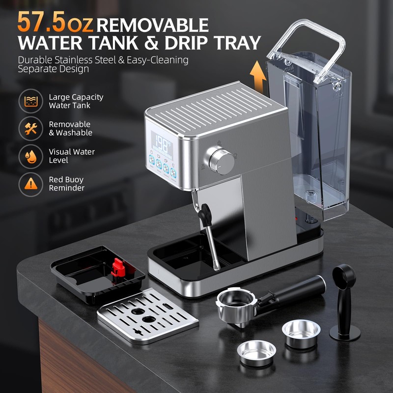 LERTIN Espresso Machine, 20Bar Compact Stainless Espresso Maker, With Milk