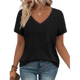 Dhigali Womens T Shirts Short Sleeve V Neck Tops with Pockets Summer Fashion Trendy Soft Casual Comfy Outfits Clothes 2025 Black