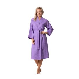 Albornoces de lino turco ligero para spa y baño de punto gofre, para mujer, secado rápido, suave, Lavanda, L