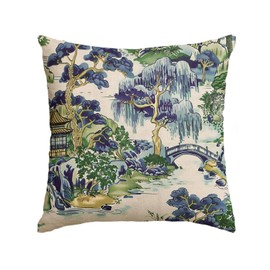 AVOIN colorlife Chinoiserie Blue Trees House Bridge Grandmillennial Throw Pillow Cover, 18 x 18 Inch Spring Summer Cushion Case Decoration for Sofa Couch Farmhouse