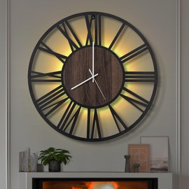LEIKE Large LED Wall Clocks,Silent,Non Ticking,Battery Operated Rustic Round Modern Big Wood Wall Clock for Living Room, Bedroom,Kitchen,Farmhouse,Office,Home Decor -24" Black,LED,Roman Number