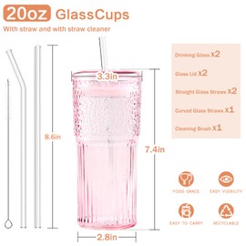GOSCHE Glass Coffee Cups with Lids and Straws, 20oz Drinking Jar Glass Tumbler for Iced Coffee, Vintage Ripple Glassware Smoothie Cups, Pink, 2Pcs